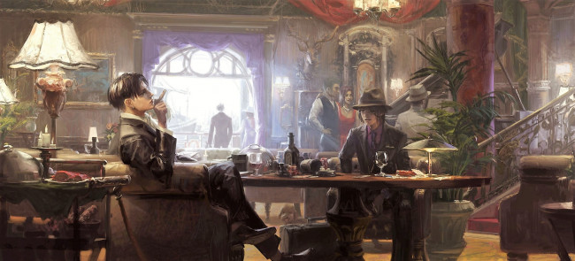 Обои картинки фото аниме, shingeki no kyojin, люди, стол, сигара, лестница, шляпа