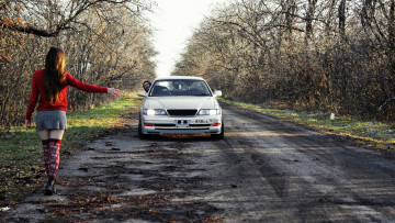 Картинка автомобили -авто+с+девушками девушка дорога осень машина светлая