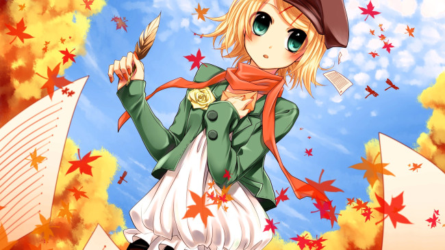 Обои картинки фото аниме, vocaloid, персонаж, листья, осень, листы, перо