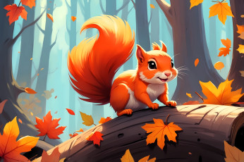 обоя рисованное, животные,  белки, белка, бревно, лес, осень, листья, деревья
