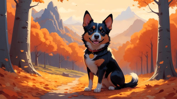 обоя рисованное, животные,  собаки, собака, ошейник, осень, дорожка, деревья, листья, горы, лес