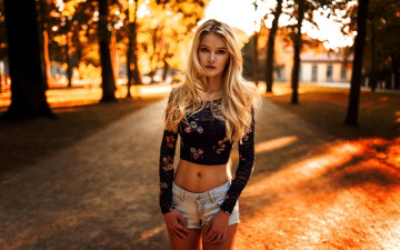 Картинка девушки -+блондинки +светловолосые блондинка топ шорты осень деревья дорога