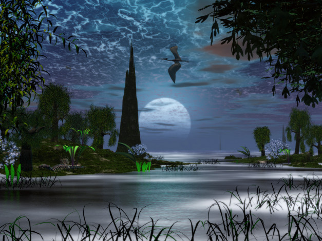 Обои картинки фото 3д, графика, nature, landscape, природа, деревья, птицы, трава, вода