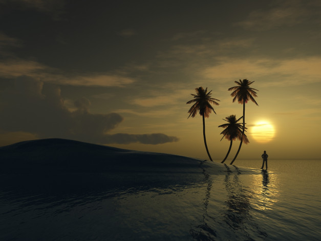 Обои картинки фото 3д, графика, sea, undersea, море, закат, пальмы