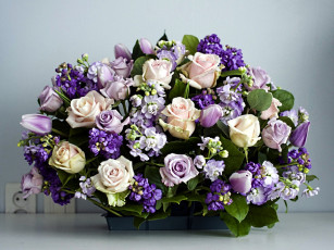 Картинка цветы букеты композиции розы левкой тюльпаны