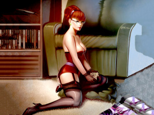 Картинка рисованные люди чулки туфли кресло журнал ободок джойстик книги рыжая очки корсет подушка перчатки ковер