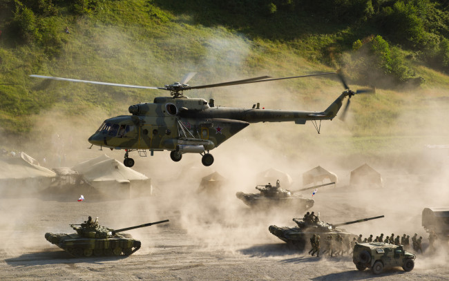 Обои картинки фото авиация, вертолёты, колонна, танки, вертолет