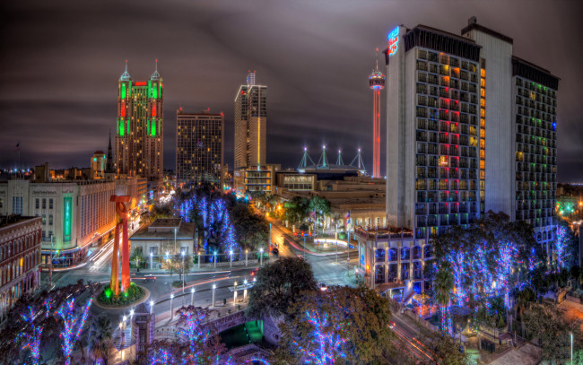 Обои картинки фото города, огни, ночного, сан, -, антонио