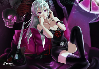 Картинка аниме headphones instrumental череп блондинка наушники платье