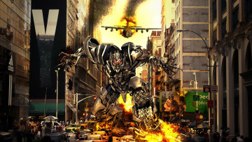 Картинка фэнтези роботы киборги механизмы мегатрон город трансформер десептикон самолет крушение народ люди огонь здание автомобили фонарь робот атака нападение дым