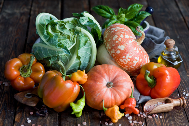 Обои картинки фото еда, овощи, тыква, капуста, перец