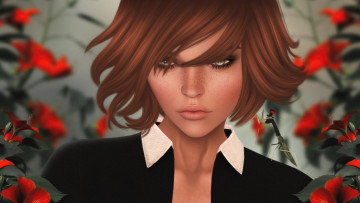 Картинка 3д+графика портрет+ portraits девушка портрет цветы богомол рыжая веснушки