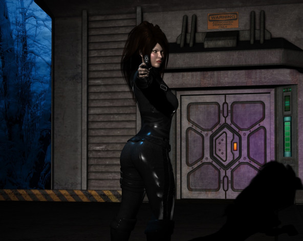 Обои картинки фото 3д графика, люди , people, оружие, фон, взгляд, девушка