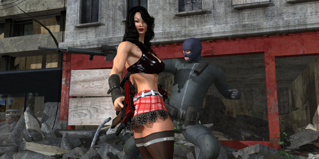 Обои картинки фото 3д графика, фантазия , fantasy, девушка, взгляд, фон, оружие