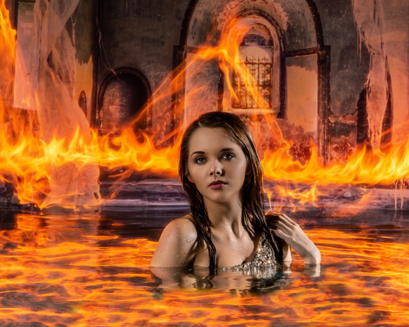 Обои картинки фото девушки, -unsort , креатив, ситуация, огонь, вода, девушка