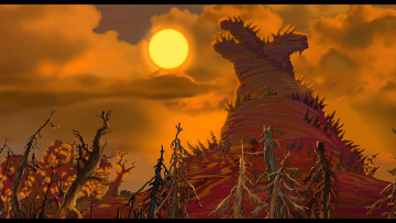 Картинка рисованное природа луна облака гора деревья