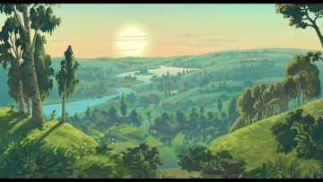 Картинка рисованное природа растения водоем солнце деревья