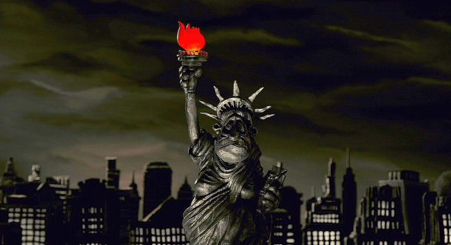 Обои картинки фото рисованное, города, ночь, скульптура, факел, здания