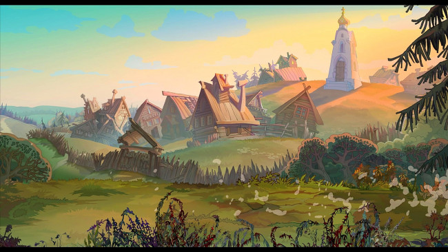 Обои картинки фото рисованное, города, растения, здание, забор, церковь