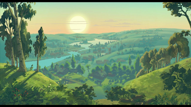 Обои картинки фото рисованное, природа, растения, водоем, солнце, деревья