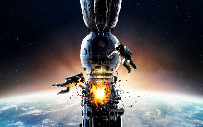 Обои картинки фото кино фильмы, салют-7, космонавты, взрыв, фильм, космическая, станция, планета, скафандры, земля, осколки, космос, огонь, ссср, двое, звёзды, авария, постер