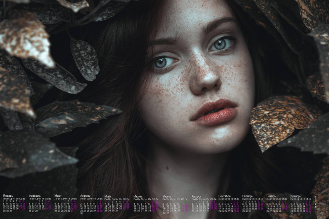 Обои картинки фото календари, девушки, листья, лицо, взгляд