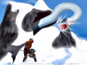 обоя календари, фэнтези, существо, снег, шлем, оружие, воин, 2019, calendar