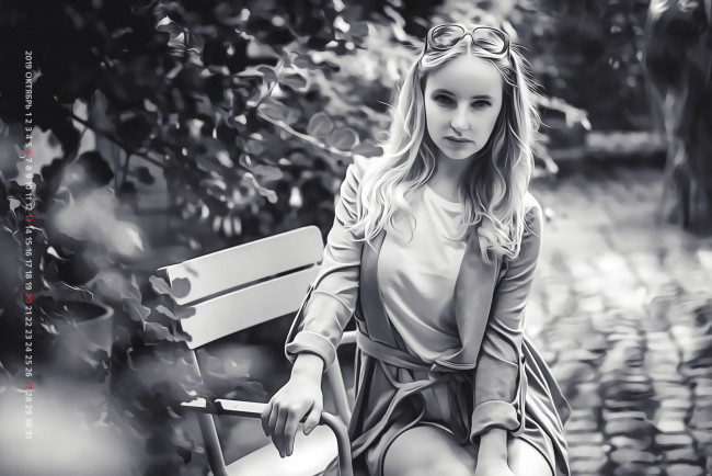 Обои картинки фото календари, компьютерный дизайн, улица, природа, calendar, 2019, парк, скамейка, девушка, взгляд, женщина