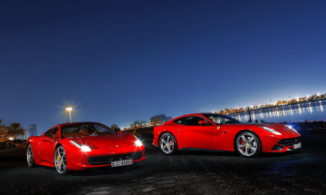 Картинка автомобили ferrari феррари красные площадка река город