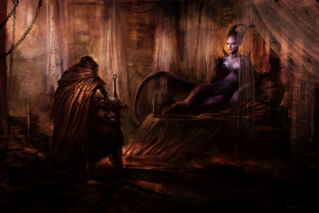 Обои картинки фото фэнтези, демоны, воин, демонесса, трон