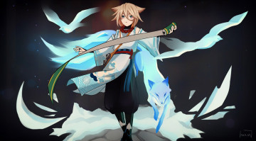 Картинка аниме genshin+impact парень свиток птица лиса