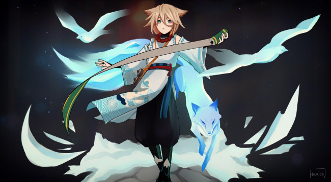 Обои картинки фото аниме, genshin impact, парень, свиток, птица, лиса