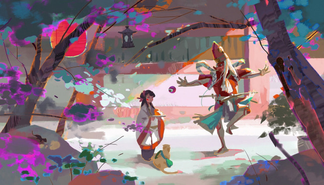 Обои картинки фото аниме, животные,  существа, старик, девочка, сад