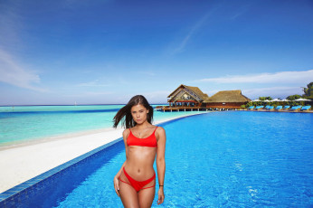 обоя девушки, little caprice , markеta stroblova, бассейн, бунгало, бикини