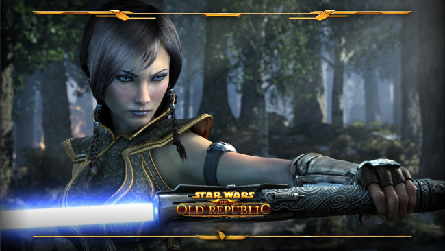 Обои картинки фото видео игры, star wars,  the old republic, девушка, оружие, лес