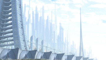 обоя фэнтези, иные миры,  иные времена, город, здания, дома, туман, шпиль