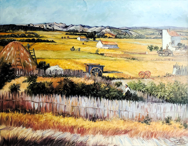 Обои картинки фото рисованное, vincent van gogh, поля, дома, село, заборы