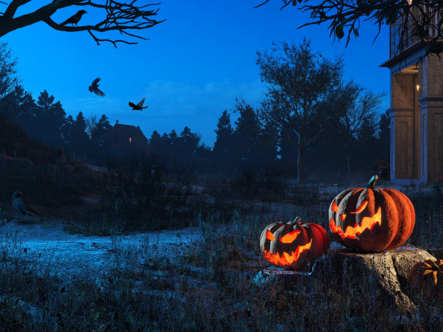 Обои картинки фото праздничные, хэллоуин, деревья, дома, птицы, пень, тыквы