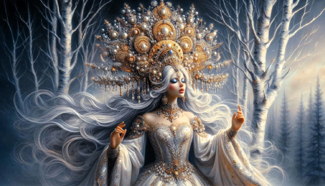 Обои картинки фото 3д графика, люди , people, девушка, платье, кокошник, лес