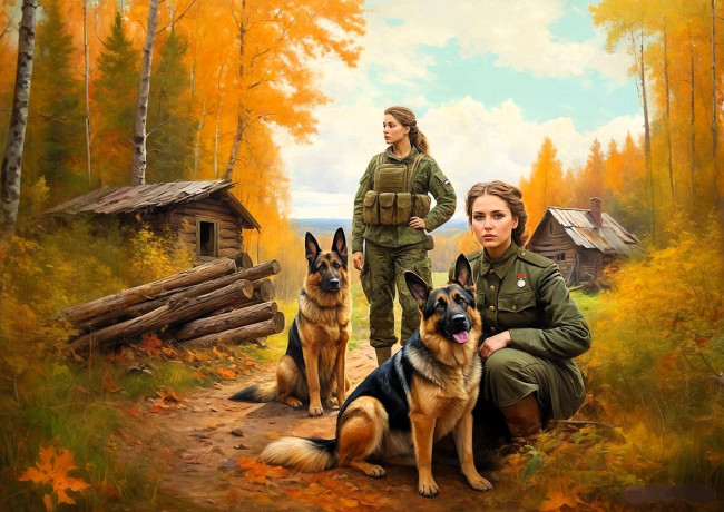 Обои картинки фото рисованное, армия, девушки, собаки, военные, овчарки, форма, лес, осень, изба, бревна