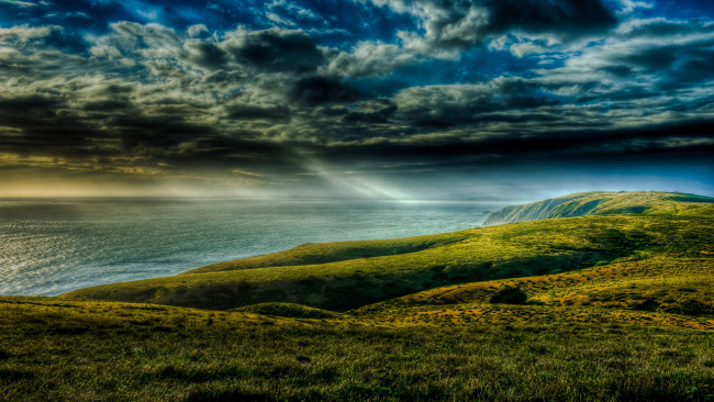 Обои картинки фото природа, побережье, океан, берег, трава, тучи, сумрак