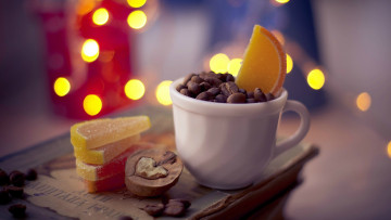 Картинка еда кофе кофейные зёрна орех чашка