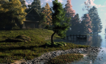 Картинка 3д графика nature landscape природа лес река дом