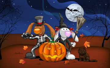 Картинка праздничные хэллоуин тыква кот собаки луна деревья звезды листья метла летучая мышь