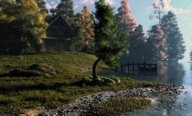 Обои картинки фото 3д, графика, nature, landscape, природа, лес, река, дом