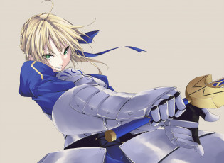 Картинка аниме fate stay+night злость девушка фон блондинка оружие saber арт взгляд