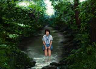 Картинка аниме *unknown+ другое природа река зелень растения вода арт листья eeotoko девушка