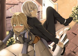 Картинка аниме fate stay+night мотоцикл арт парень бутылка девушка