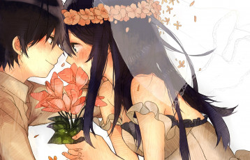 Картинка аниме *unknown+ другое романтика арт букет парень девочка пара