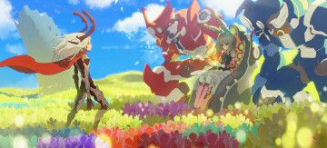 Картинка аниме -weapon +blood+&+technology поле роботы цветы растения девушка небо природа ladic